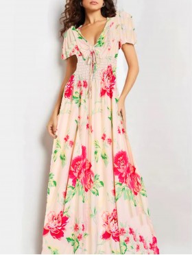 Floral V -Neck Short Sleeved Summer Dress